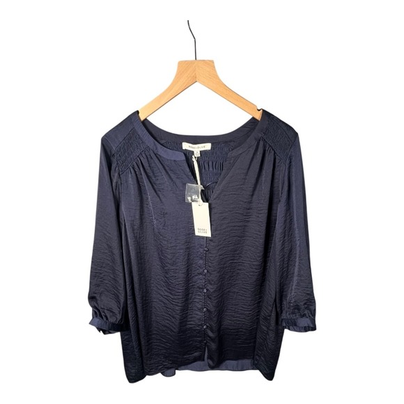 Rose & Olive Blouse Top Womens Sz 1XL 3/4 Sleeve Button Down Smocked Navy Career - Picture 5 of 10